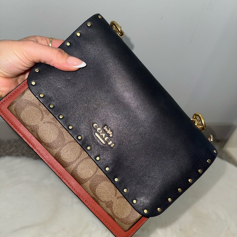 Coach Black Leather & Signature Canvas Crossbody with Rust Trim